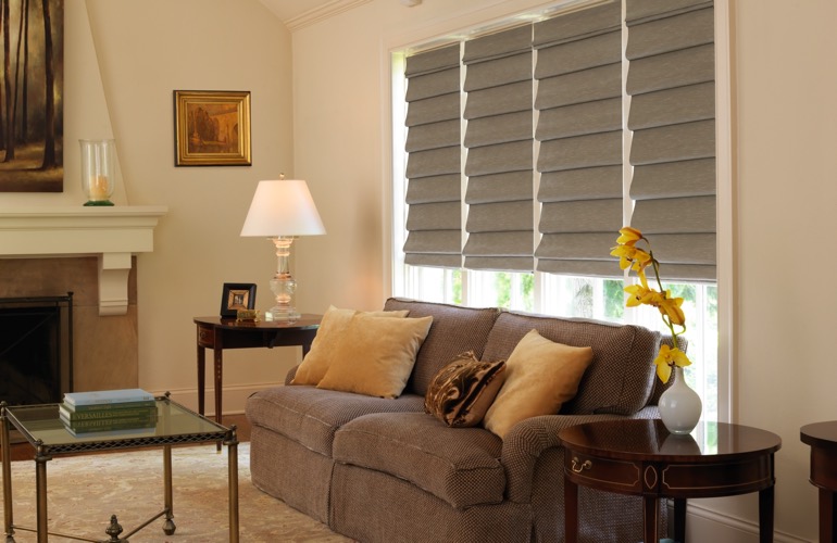 Tan Roman shades in living room